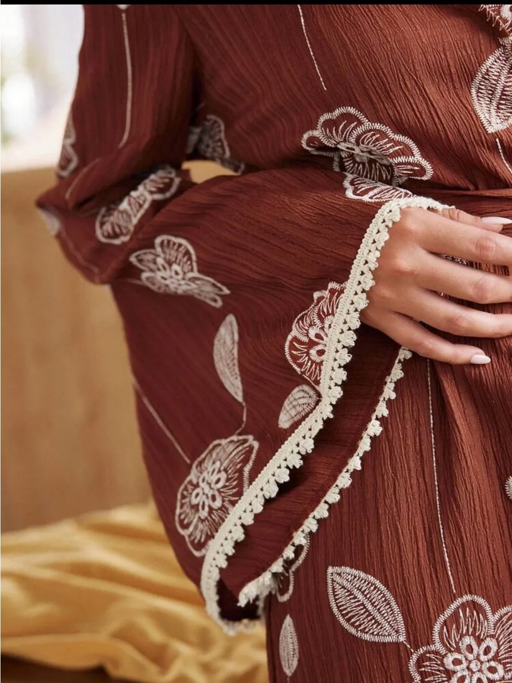 Boho Bohemian Floral Print Women Robe Casual Loungewear Rust New